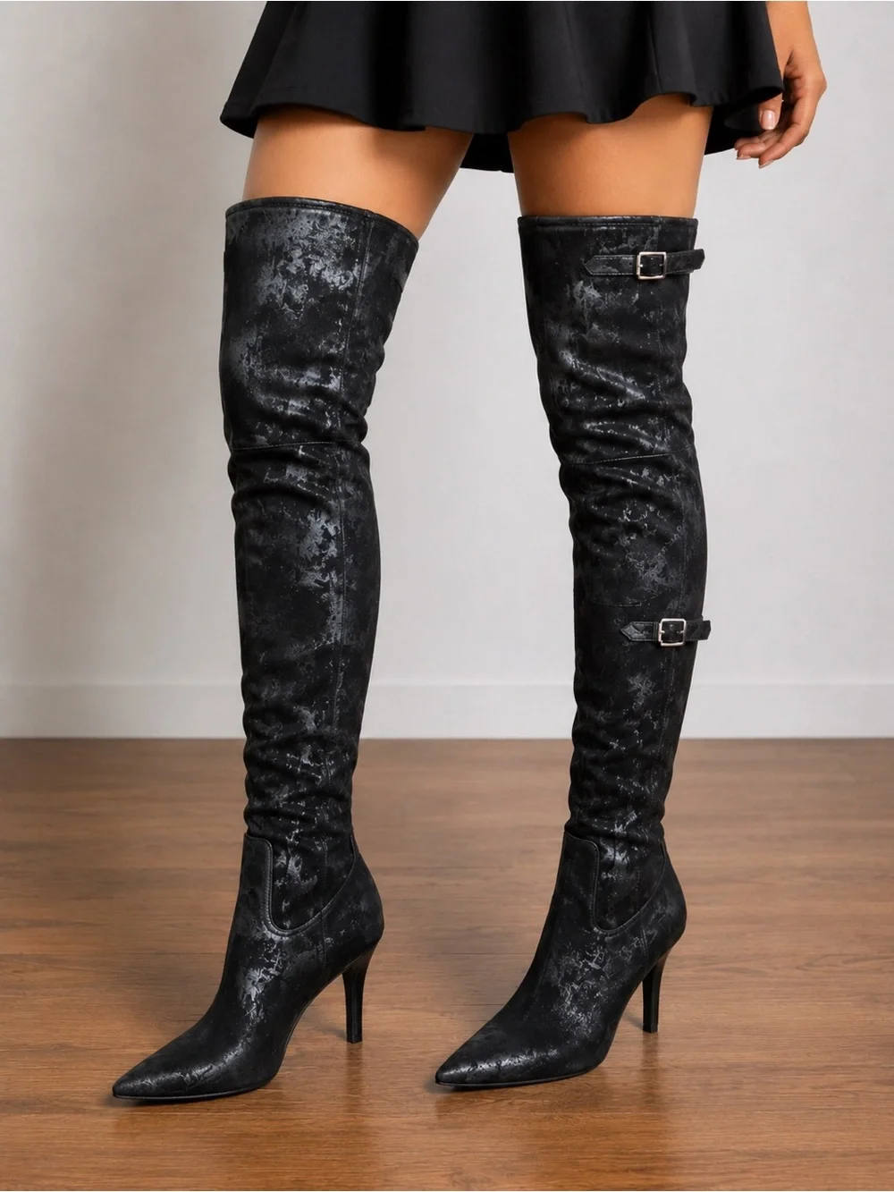 Azalea Wang Backer Black Shine Thigh-High Boots Pointed Toe Stiletto NIB